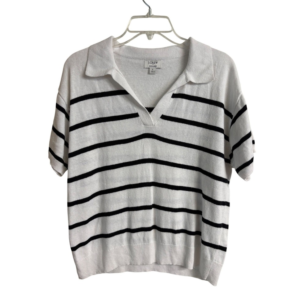 J.Crew Womens Linen Blend Striped Short Sleeve Polo Sweater Large Coastal Preppy